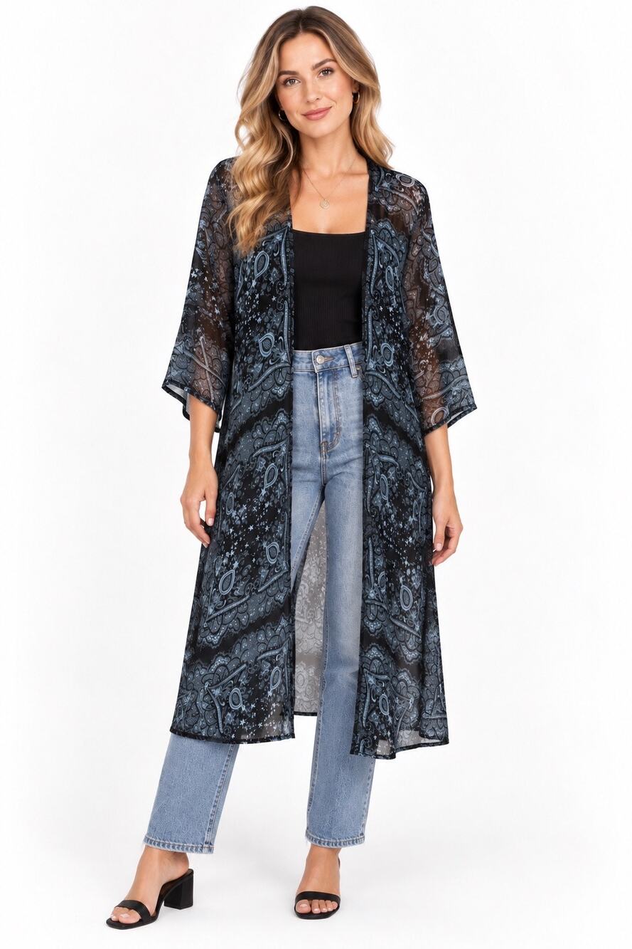 Free Press Sheer Black & Light Blue 3/4 Sleeve Lightweight Duster Cardigan
